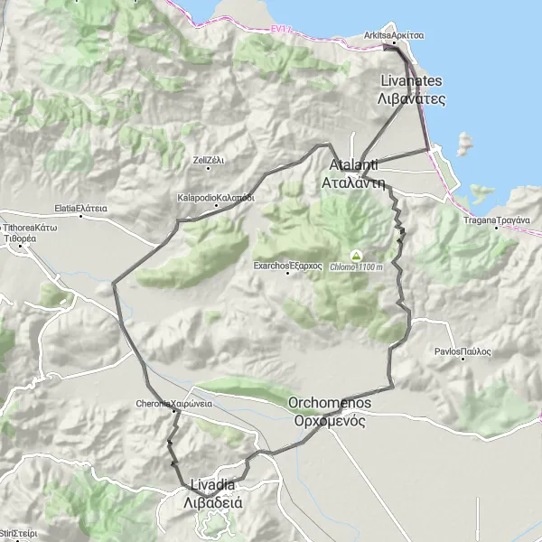 Map miniature of "Livadeiá - Kyrtoni Circular Route" cycling inspiration in Sterea Elláda, Greece. Generated by Tarmacs.app cycling route planner