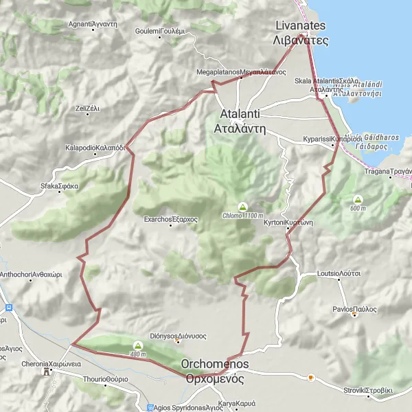 Map miniature of "Livanátes - Kyrtoni - Orchomenos" cycling inspiration in Sterea Elláda, Greece. Generated by Tarmacs.app cycling route planner