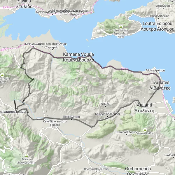 Map miniature of "The Mountain Escape" cycling inspiration in Sterea Elláda, Greece. Generated by Tarmacs.app cycling route planner