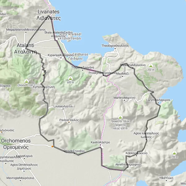 Map miniature of "The Coastal Charm" cycling inspiration in Sterea Elláda, Greece. Generated by Tarmacs.app cycling route planner