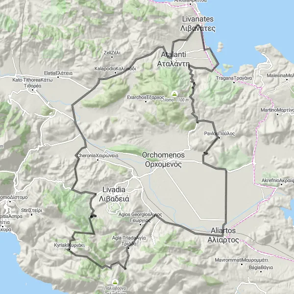 Map miniature of "Mountainous Road to Livanátes" cycling inspiration in Sterea Elláda, Greece. Generated by Tarmacs.app cycling route planner