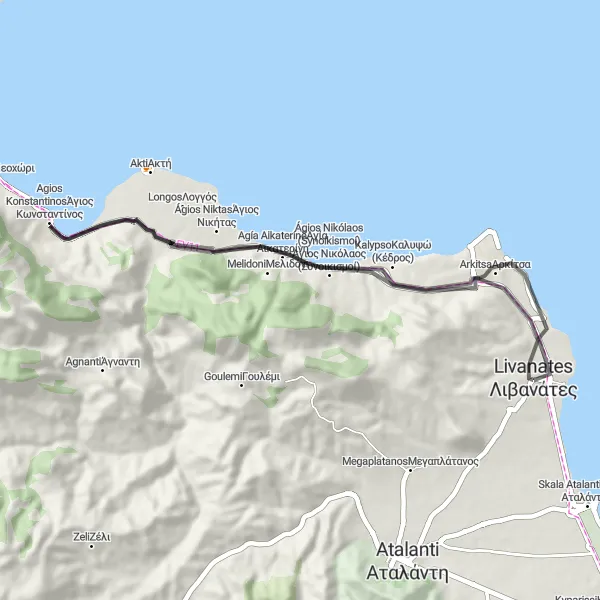 Map miniature of "Coastal Ride to Livanátes" cycling inspiration in Sterea Elláda, Greece. Generated by Tarmacs.app cycling route planner