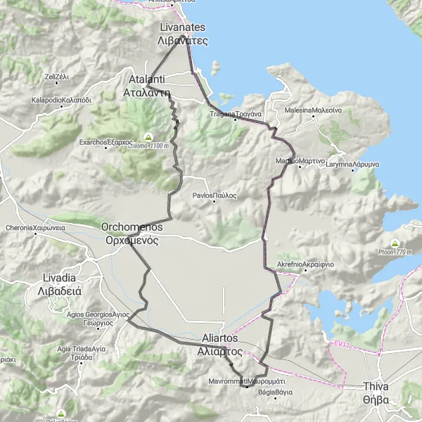 Map miniature of "Livanátes - Proskynas - Orchomenos" cycling inspiration in Sterea Elláda, Greece. Generated by Tarmacs.app cycling route planner