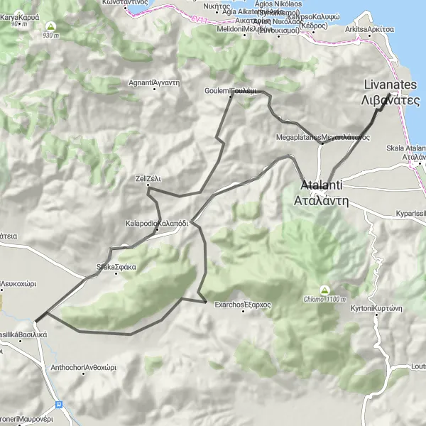 Map miniature of "Kalapodio - Goulemi - Megaplatanos" cycling inspiration in Sterea Elláda, Greece. Generated by Tarmacs.app cycling route planner