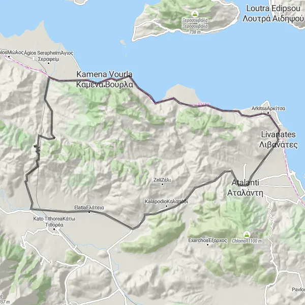 Map miniature of "Atalanti - Livanates - Kamena Vourla" cycling inspiration in Sterea Elláda, Greece. Generated by Tarmacs.app cycling route planner