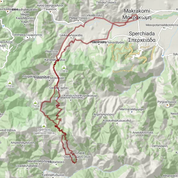 Map miniature of "Makrakomi-Gravel Route 1" cycling inspiration in Sterea Elláda, Greece. Generated by Tarmacs.app cycling route planner