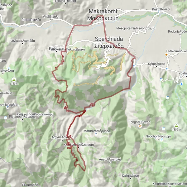 Map miniature of "Gravel Adventure From Makrakomi to Sperchiada" cycling inspiration in Sterea Elláda, Greece. Generated by Tarmacs.app cycling route planner