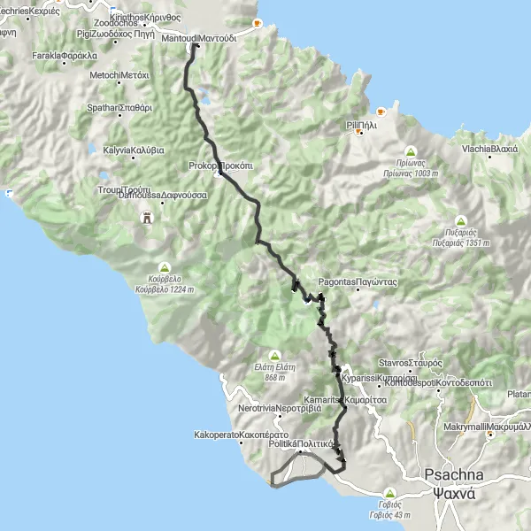 Map miniature of "Cycling adventure through Prokopi, Kastri, and Κoutsoúpi" cycling inspiration in Sterea Elláda, Greece. Generated by Tarmacs.app cycling route planner