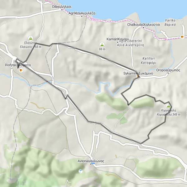 Map miniature of "Oinófyta to Sykamino Gravel Loop" cycling inspiration in Sterea Elláda, Greece. Generated by Tarmacs.app cycling route planner