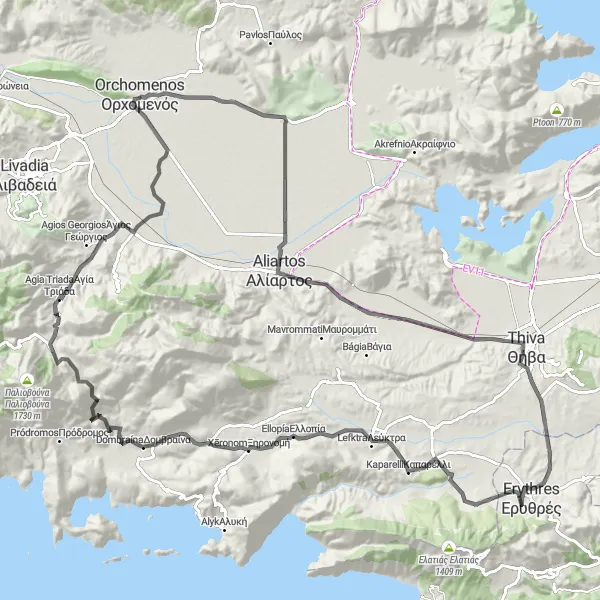 Map miniature of "Aliartos and the Fountain of Dirke" cycling inspiration in Sterea Elláda, Greece. Generated by Tarmacs.app cycling route planner