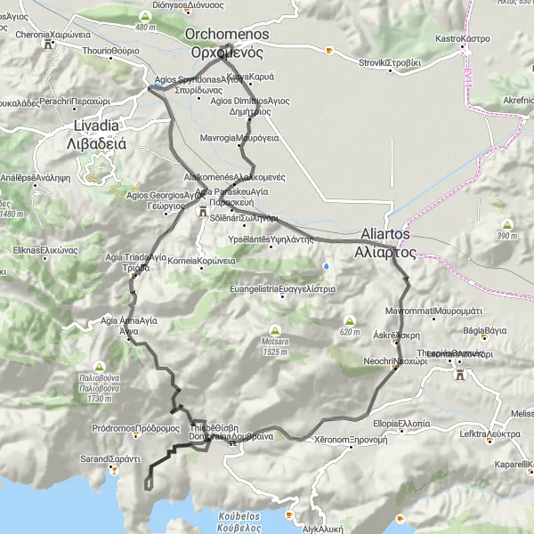 Map miniature of "Aliartos Road Loop" cycling inspiration in Sterea Elláda, Greece. Generated by Tarmacs.app cycling route planner