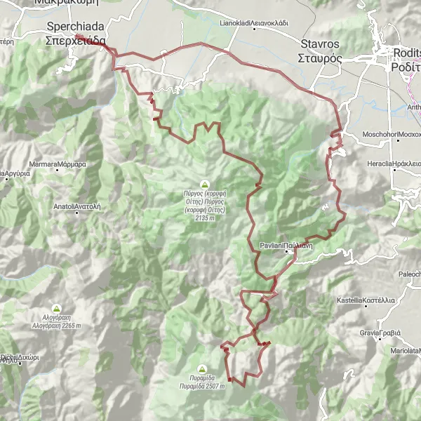 Map miniature of "Challenging Gravel Tour through Mountains" cycling inspiration in Sterea Elláda, Greece. Generated by Tarmacs.app cycling route planner