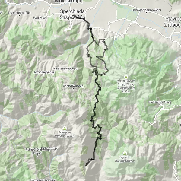 Map miniature of "Through the Magnesian Mountains" cycling inspiration in Sterea Elláda, Greece. Generated by Tarmacs.app cycling route planner