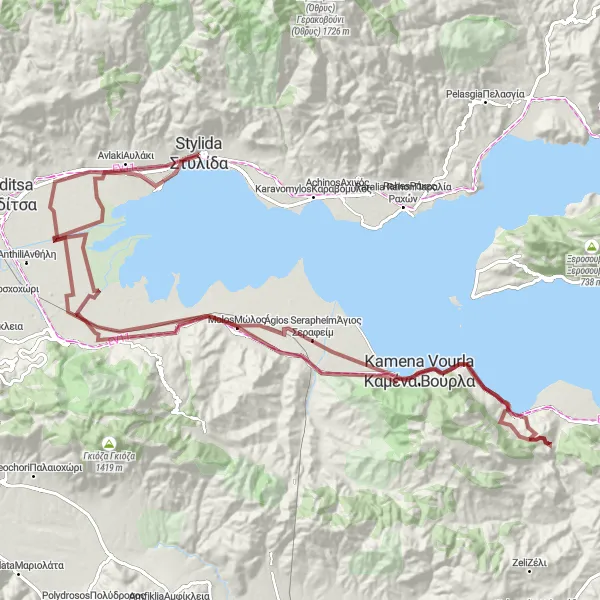 Map miniature of "Coastal Gravel Discovery" cycling inspiration in Sterea Elláda, Greece. Generated by Tarmacs.app cycling route planner