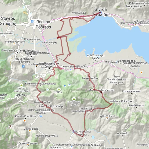 Map miniature of "Stylida to Thermopyles" cycling inspiration in Sterea Elláda, Greece. Generated by Tarmacs.app cycling route planner