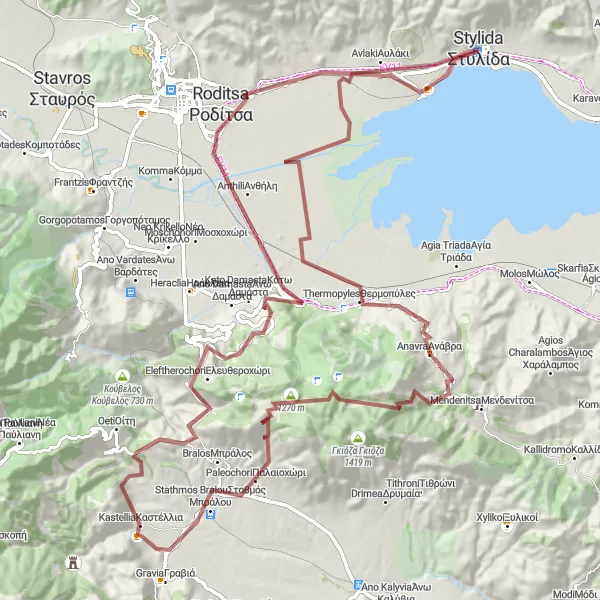 Map miniature of "Thermopyles and Anavra Gravel Adventure" cycling inspiration in Sterea Elláda, Greece. Generated by Tarmacs.app cycling route planner