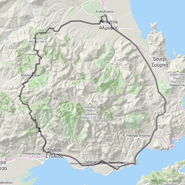 Map miniature of "Tour of the Coast" cycling inspiration in Sterea Elláda, Greece. Generated by Tarmacs.app cycling route planner