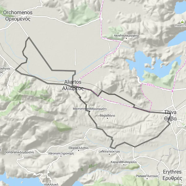 Map miniature of "Thívai - Aliartos Loop" cycling inspiration in Sterea Elláda, Greece. Generated by Tarmacs.app cycling route planner