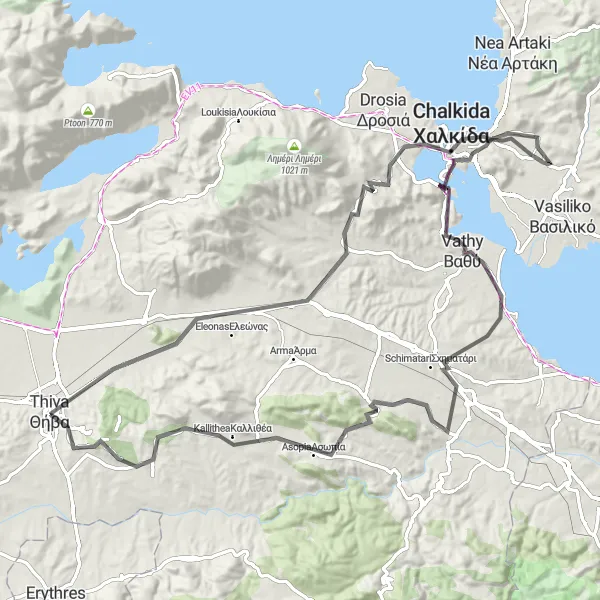 Map miniature of "Thívai - Tanagra Loop" cycling inspiration in Sterea Elláda, Greece. Generated by Tarmacs.app cycling route planner