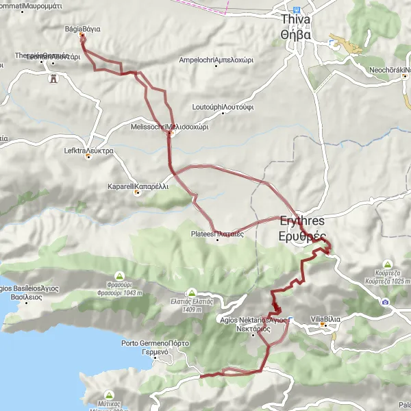 Map miniature of "Vágia - Κοτρώνες - Platees - Λουκίσθι - Agios Nektarios - Μελίσι - Erythres - Vágia" cycling inspiration in Sterea Elláda, Greece. Generated by Tarmacs.app cycling route planner