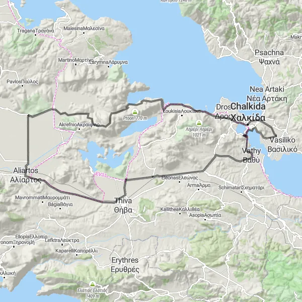 Map miniature of "Chalkida and Aliartos Loop" cycling inspiration in Sterea Elláda, Greece. Generated by Tarmacs.app cycling route planner