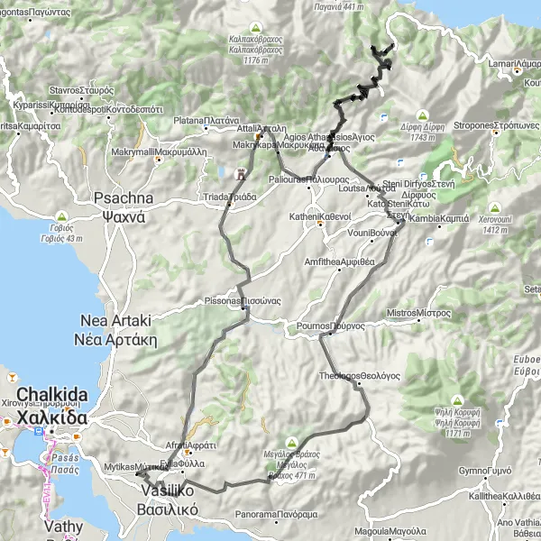 Map miniature of "Exploring the Mountainous Terrain" cycling inspiration in Sterea Elláda, Greece. Generated by Tarmacs.app cycling route planner