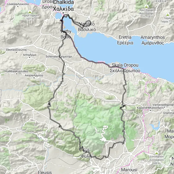 Map miniature of "Scenic Journey through Chalkídα" cycling inspiration in Sterea Elláda, Greece. Generated by Tarmacs.app cycling route planner