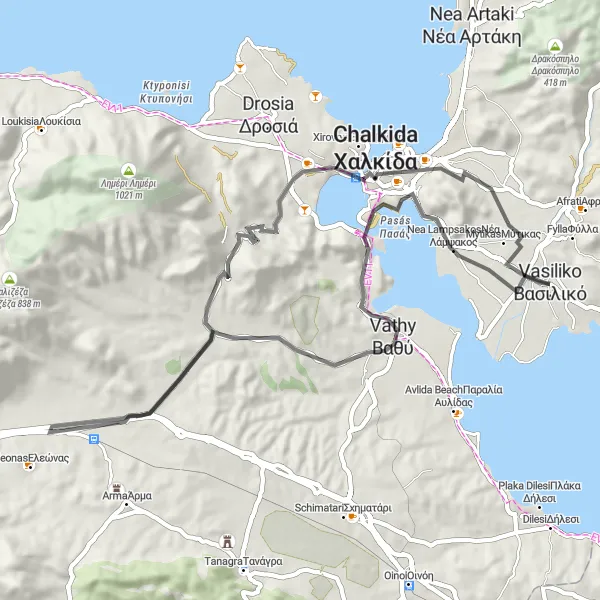 Map miniature of "Scenic Chalkida and Ritsa Circuit" cycling inspiration in Sterea Elláda, Greece. Generated by Tarmacs.app cycling route planner