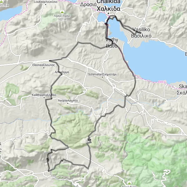 Map miniature of "Chalkida to Agios Thomas Adventure" cycling inspiration in Sterea Elláda, Greece. Generated by Tarmacs.app cycling route planner