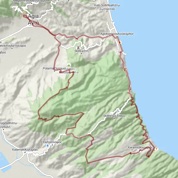 Map miniature of "Agia - Keramidi - Volgares - Metaxochori Circuit" cycling inspiration in Thessalia, Greece. Generated by Tarmacs.app cycling route planner