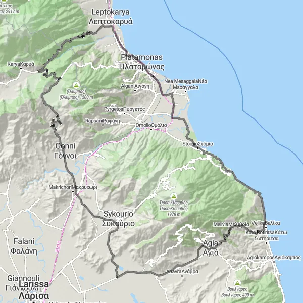 Map miniature of "Exploring the Mountains of Thessalia" cycling inspiration in Thessalia, Greece. Generated by Tarmacs.app cycling route planner