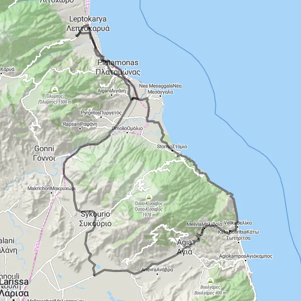 Map miniature of "Road to Adventure" cycling inspiration in Thessalia, Greece. Generated by Tarmacs.app cycling route planner