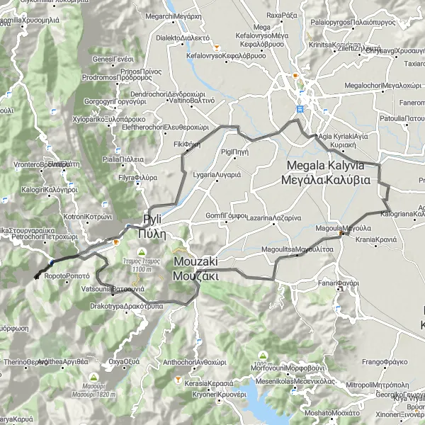 Map miniature of "Mouzaki Loop" cycling inspiration in Thessalia, Greece. Generated by Tarmacs.app cycling route planner
