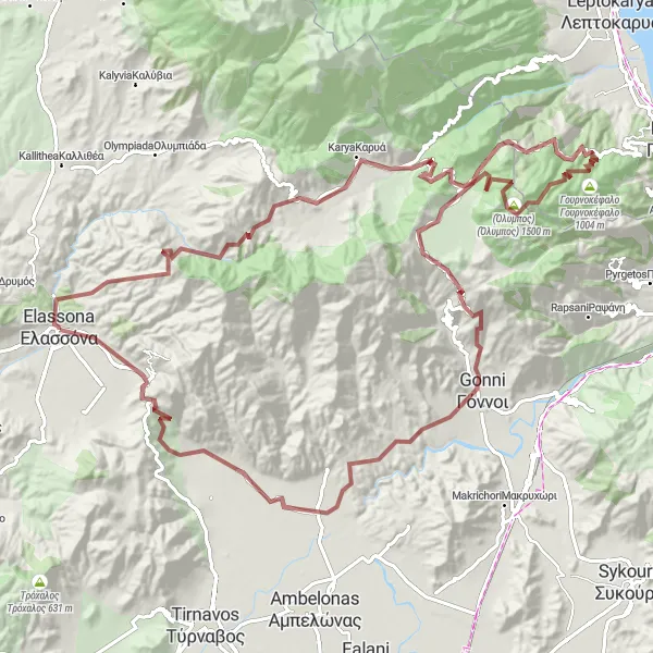 Map miniature of "The Gravel Odyssey" cycling inspiration in Thessalia, Greece. Generated by Tarmacs.app cycling route planner