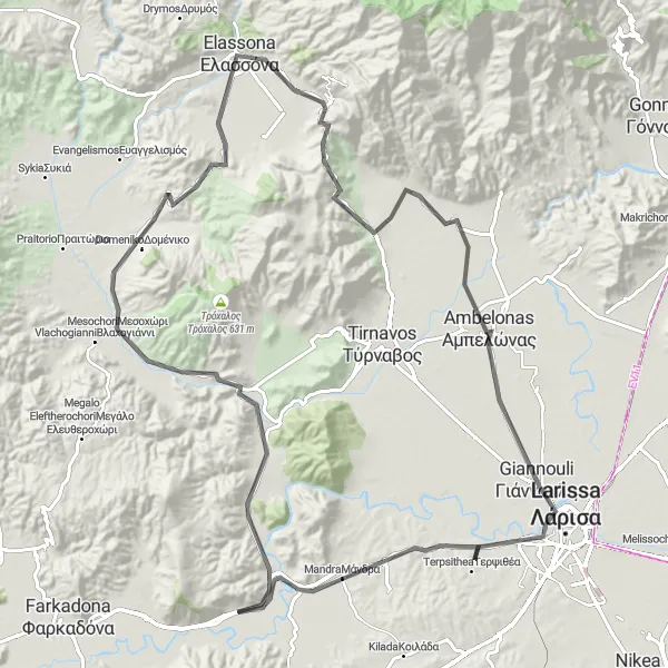 Map miniature of "The Tsaritsani Loop" cycling inspiration in Thessalia, Greece. Generated by Tarmacs.app cycling route planner