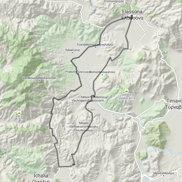 Map miniature of "The Mountain Circuit" cycling inspiration in Thessalia, Greece. Generated by Tarmacs.app cycling route planner