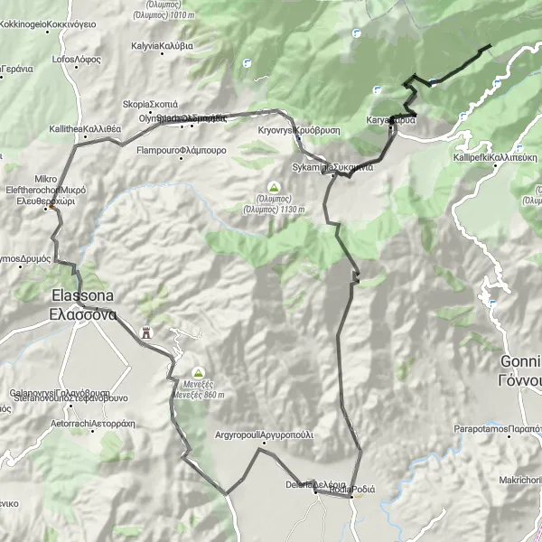 Map miniature of "Olympus Highlights" cycling inspiration in Thessalia, Greece. Generated by Tarmacs.app cycling route planner