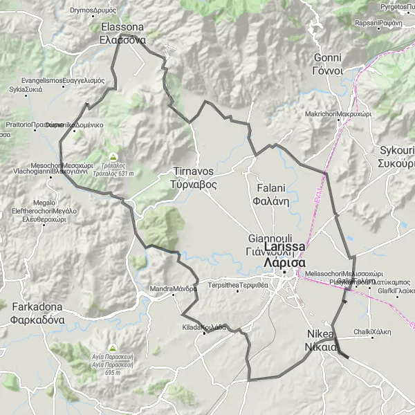 Map miniature of "Eleftheres Loop" cycling inspiration in Thessalia, Greece. Generated by Tarmacs.app cycling route planner