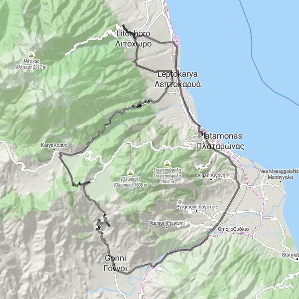 Map miniature of "Scenic Road Cycling from Gónnoi to Olympus" cycling inspiration in Thessalia, Greece. Generated by Tarmacs.app cycling route planner