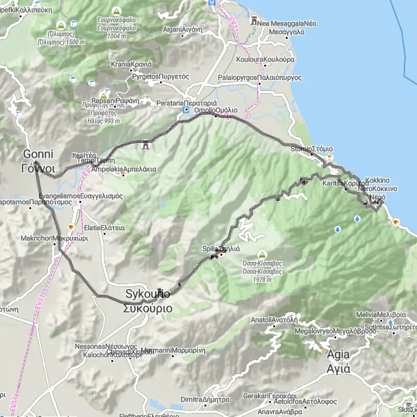 Map miniature of "Tempi Valley Adventure by Road" cycling inspiration in Thessalia, Greece. Generated by Tarmacs.app cycling route planner