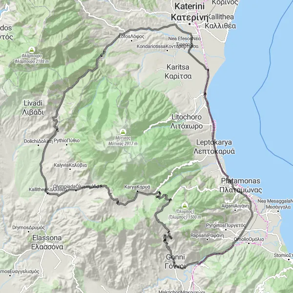 Map miniature of "Cycling Adventure from Gónnoi to Olympus and Beyond" cycling inspiration in Thessalia, Greece. Generated by Tarmacs.app cycling route planner