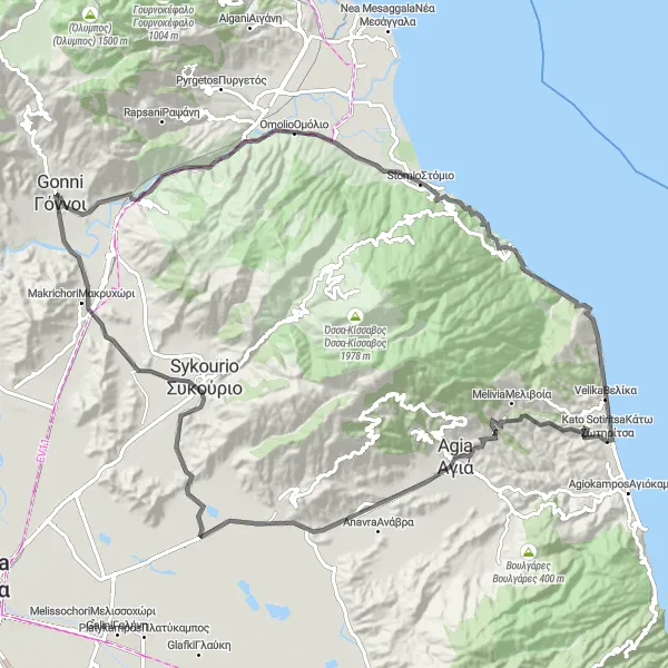 Map miniature of "Tempi Valley Excursion" cycling inspiration in Thessalia, Greece. Generated by Tarmacs.app cycling route planner