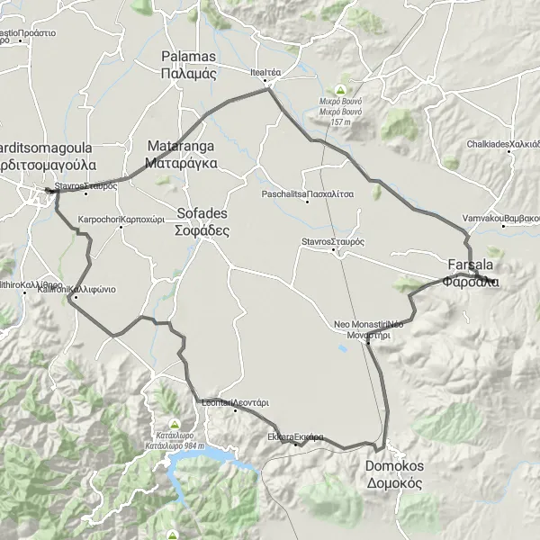 Map miniature of "The Valley Tour" cycling inspiration in Thessalia, Greece. Generated by Tarmacs.app cycling route planner