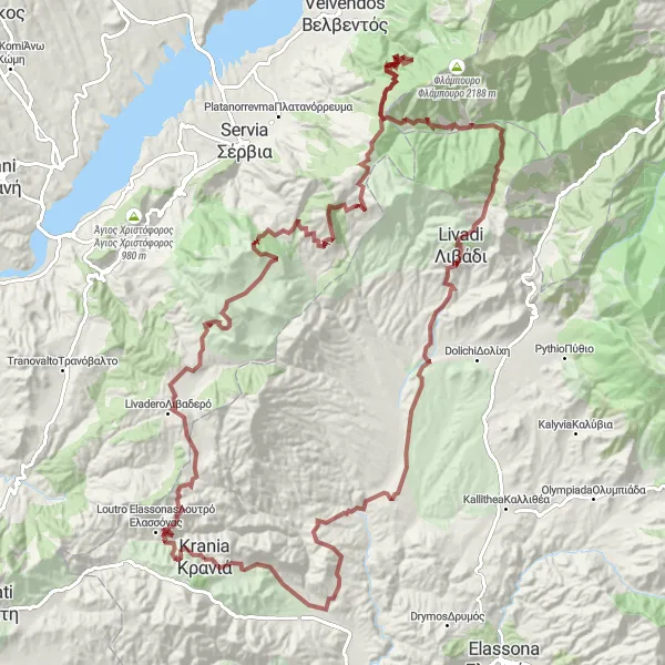 Map miniature of "Krioneri – Plateau Gravel Expedition" cycling inspiration in Thessalia, Greece. Generated by Tarmacs.app cycling route planner