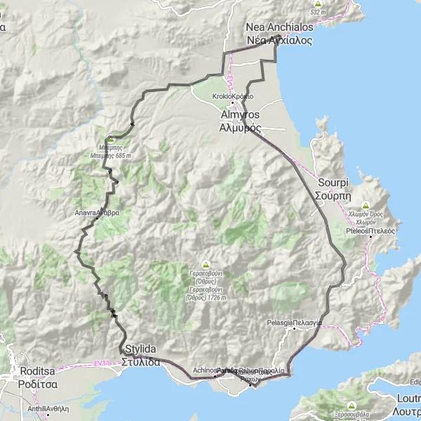 Map miniature of "Coastal Delights of Pelasgia" cycling inspiration in Thessalia, Greece. Generated by Tarmacs.app cycling route planner