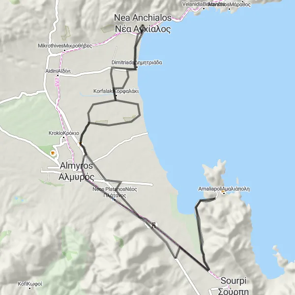 Map miniature of "Exploring Halos and Amaliapoli" cycling inspiration in Thessalia, Greece. Generated by Tarmacs.app cycling route planner