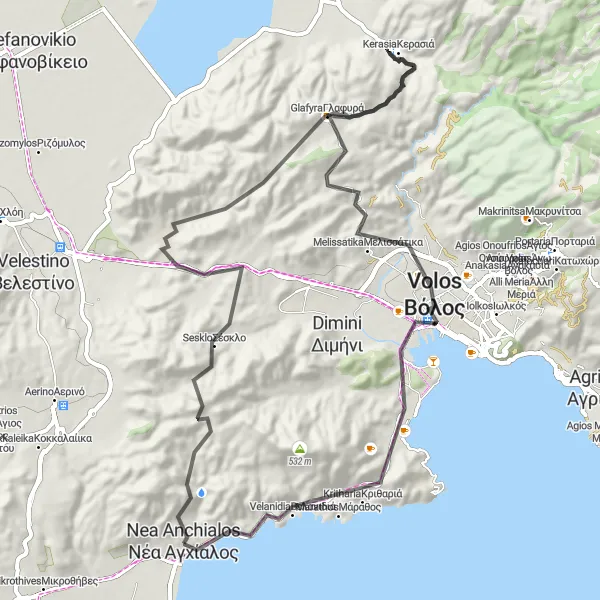 Map miniature of "Scenic Loop via Nea Ionia" cycling inspiration in Thessalia, Greece. Generated by Tarmacs.app cycling route planner