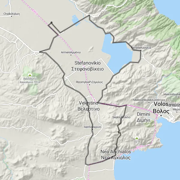 Map miniature of "The Velestino Loop" cycling inspiration in Thessalia, Greece. Generated by Tarmacs.app cycling route planner