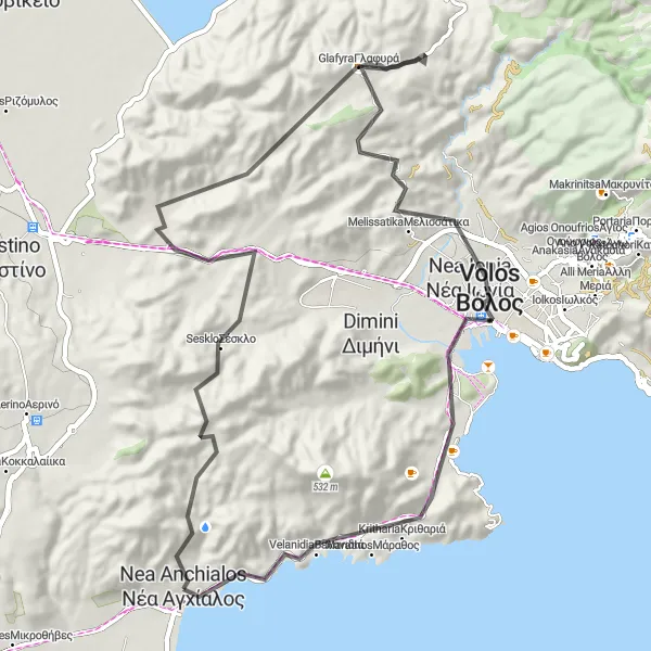 Map miniature of "Countryside and Coastal Delights" cycling inspiration in Thessalia, Greece. Generated by Tarmacs.app cycling route planner