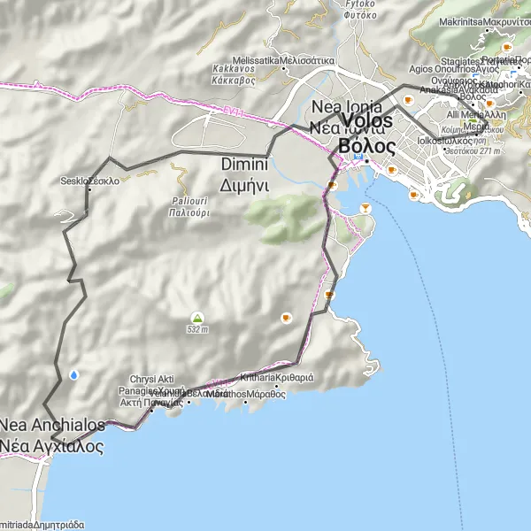 Map miniature of "Scenic Countryside Ride" cycling inspiration in Thessalia, Greece. Generated by Tarmacs.app cycling route planner